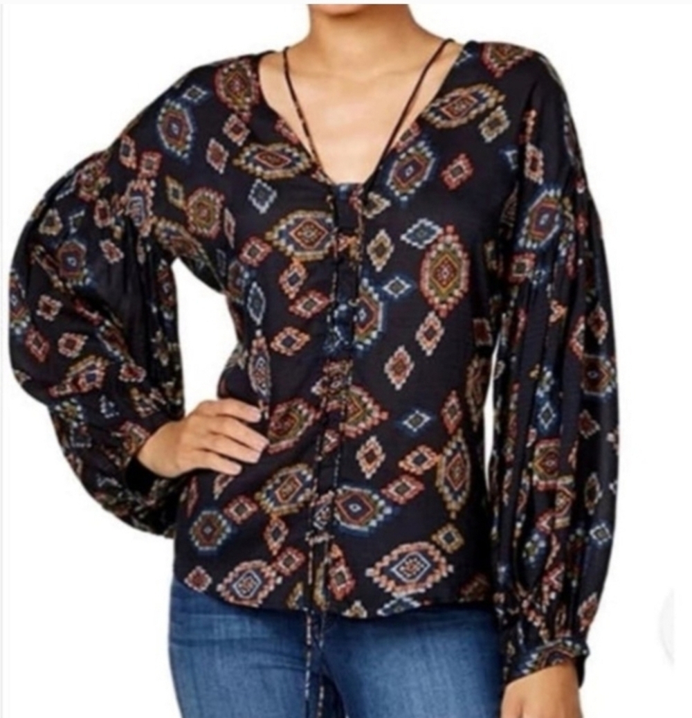 William Rast Women's Bohemian Night Sky Lace-Up Puff Sleeve bohTop Size small.